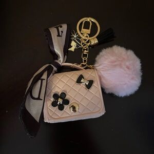 Handmade Quilted Mini Purse BagTag/Keychain with Pink Pom Pom